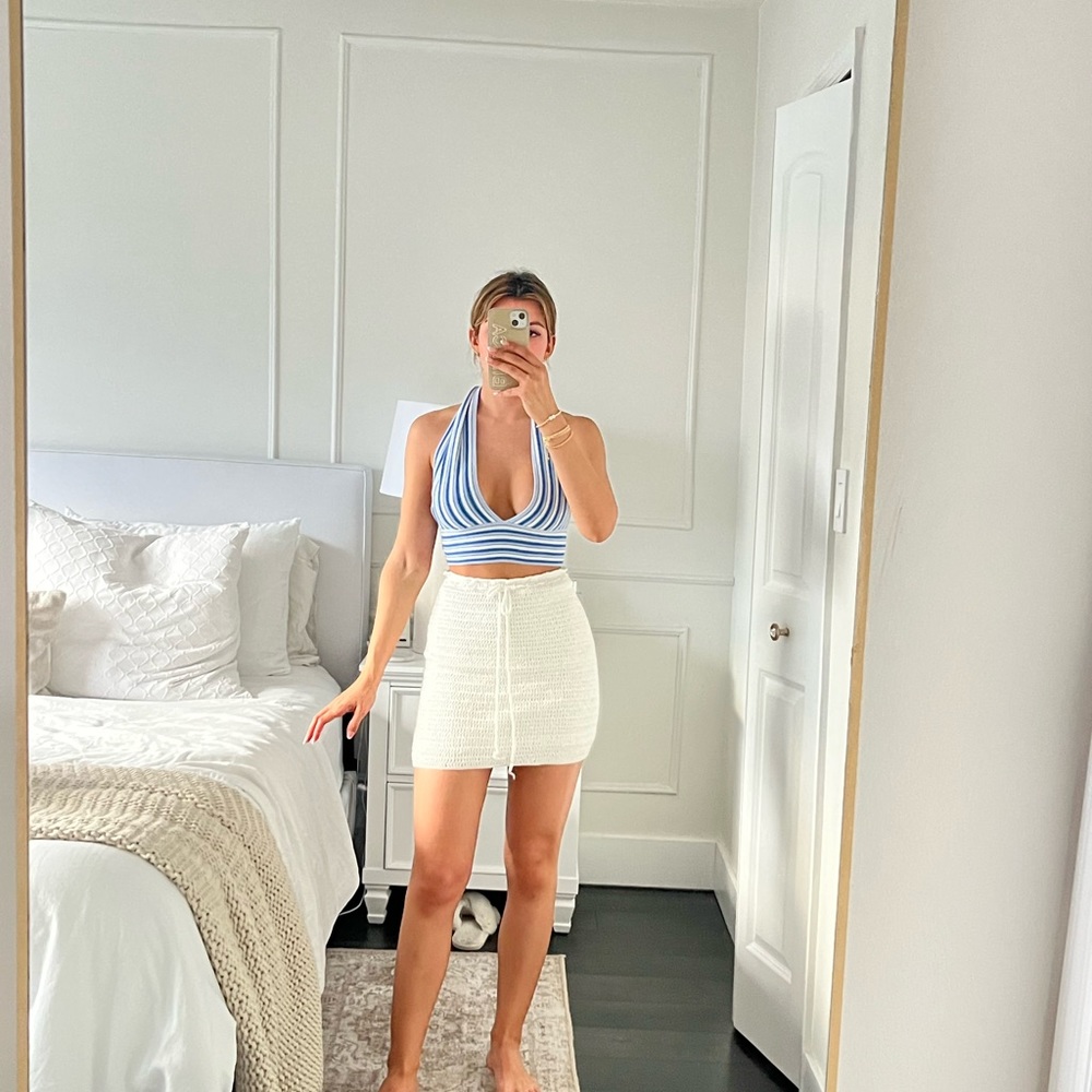 Blue tie back knit top